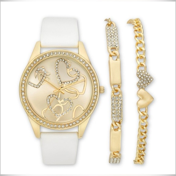 I.N.C. International Concepts Womens Gold White Strap Heart Watch Braclet Set - Picture 5 of 8